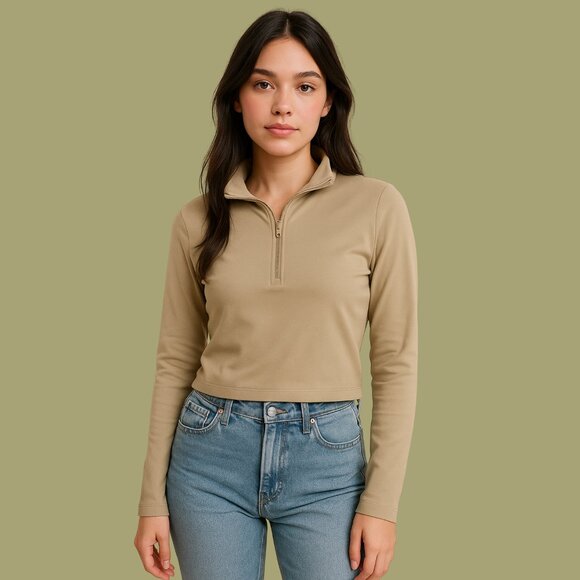 Aritzia Tops - Sunday Best Khaki Half-Zip Cropped Long Sleeve Top (Size M)